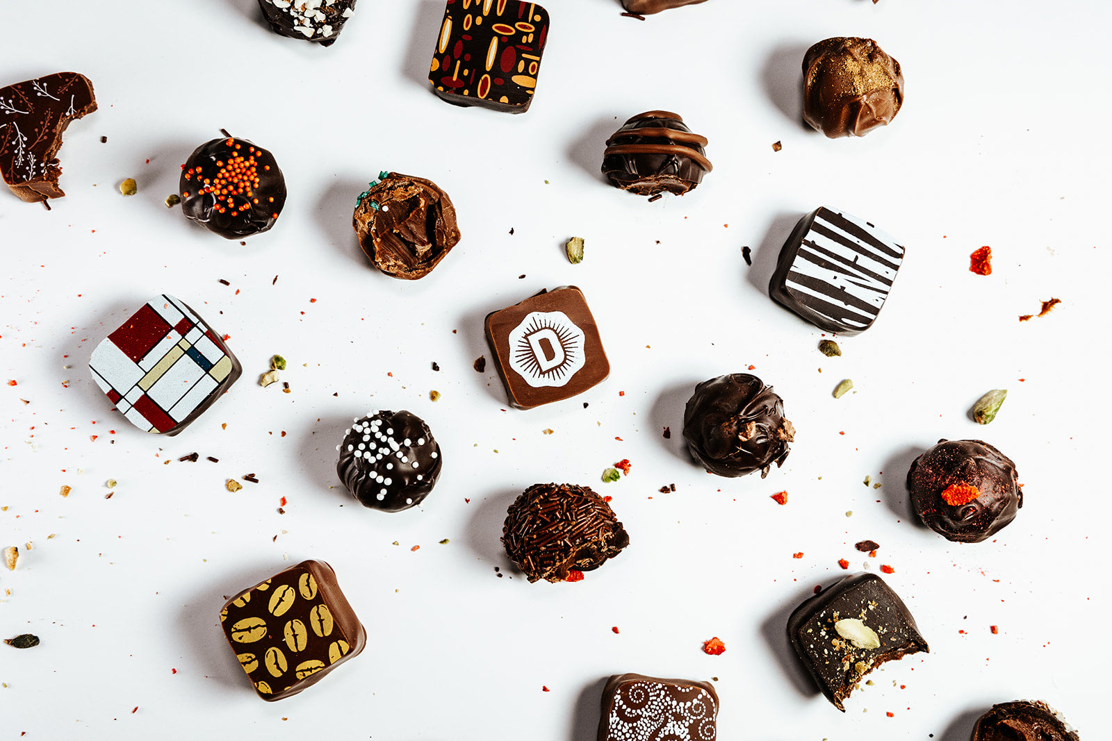 Chicago Web Co Shopify design for Deiters - artisan gourmet chocolate truffles and decorated confections on white background, premium luxury food photography and e-commerce presentation