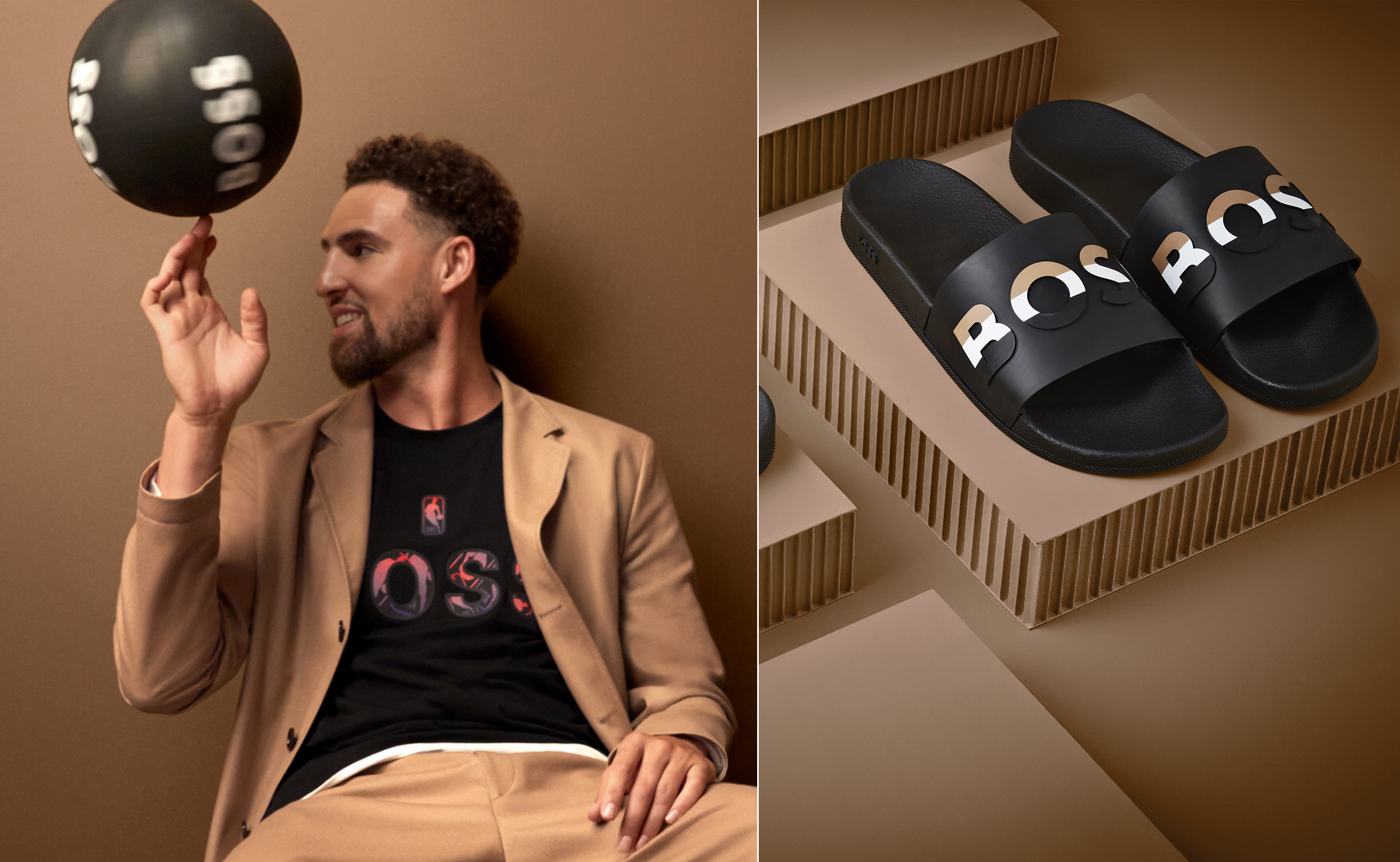 Chicago Web Co portfolio - Hugo Boss product photography featuring model with branded sports ball and BOSS slides on modern display setup